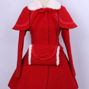 Classic Lolita Outfits Wool Long Sleeve Faux Fur Collar Ribbons Bows Red Dress Coat With Cape And Gloves