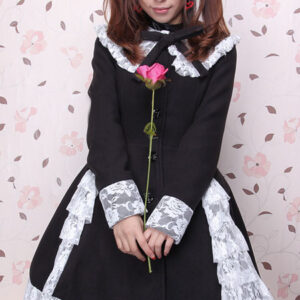 Classic Lolita Overcoat Lace Ruffle Bow Wool Black Lolita Winter Coat