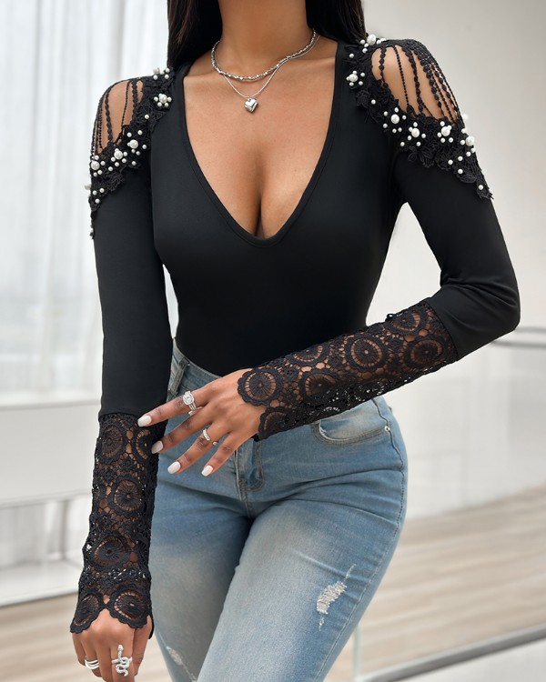 Cold Shoulder Contrast Lace Beaded Top