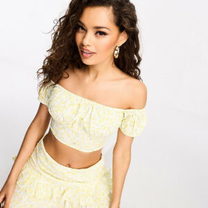 Collective the Label Petite bardot crop top co-ord in ditsy lemon floral-Yellow