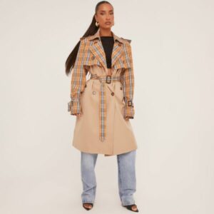 Contrast Checkered Overlay Mid Length Oversized Trench Coat In Stone, Women's Size UK 10