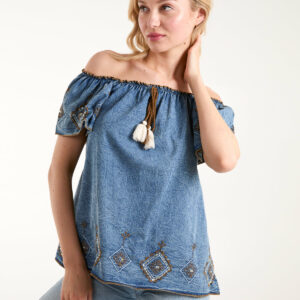 Denim Embroidered Bardot Top - S / Light Denim