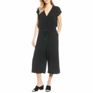 Eileen Fisher Jumpsuit L Tencel Viscose Crepe Surplice Cinched Waist Crop Black in White, Women's (Size 36)