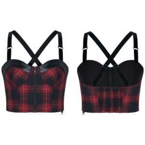 Elegant Red Black Plaid Zip-Up Punk Style Corset