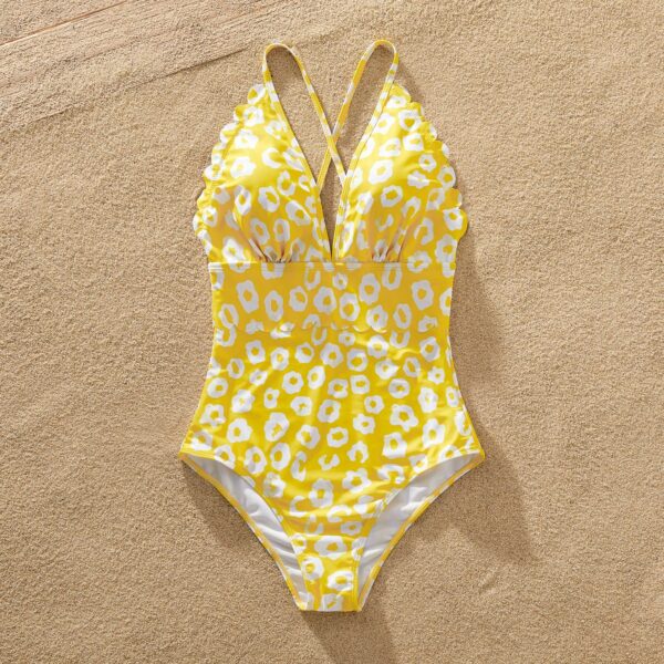 Family Matching Allover Print Scallop Trim One Piece Swimsuit or Striped Swim Trunks Shorts