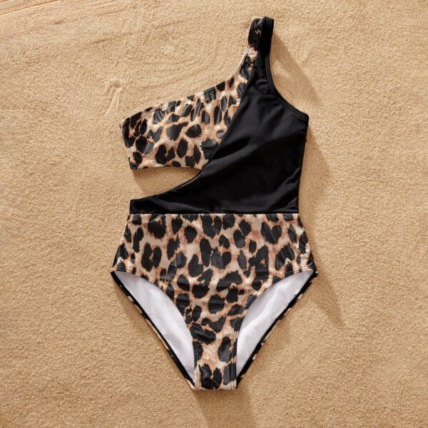 Family Matching Leopard Panel Cut Out Waist One-Shoulder One Piece Swimsuit or Swim Trunks Shorts