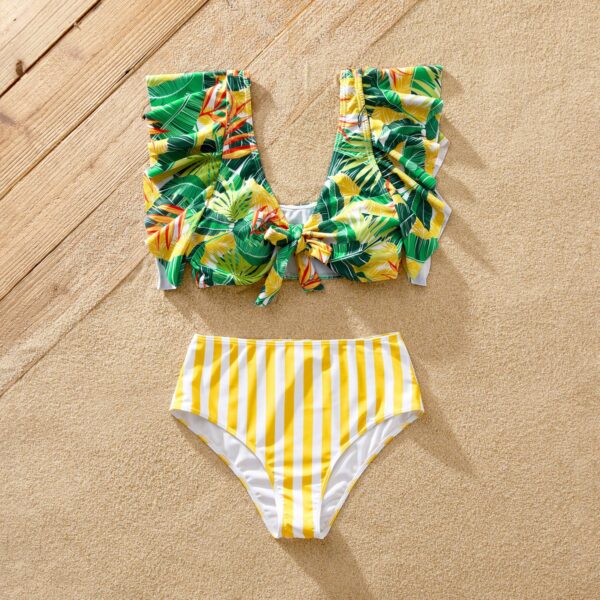 Family Matching Plant Stripe Print Knot Front Two-piece Swimsuit or Swim Trunks Shorts