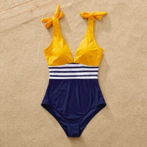 Family Matching Stripe & Colorblock Spliced One Piece Swimsuit or Swim Trunks Shorts