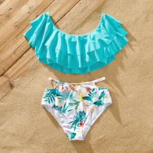 Family Matching Tropical Plant Print Ruffled Two-piece Swimsuit or Swim Trunks Shorts