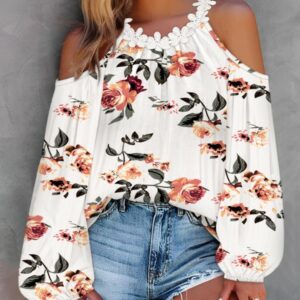 Floral Print Contrast Lace Cold Shoulder Top