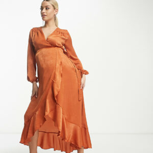 Flounce London Maternity long sleeve satin wrap maxi dress in cinnamon-Orange