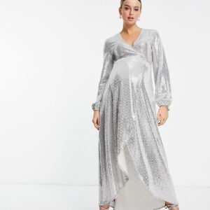 Flounce London Maternity long sleeve wrap maxi dress in silver metallic sparkle