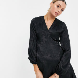 Flounce London Maternity satin wrap front mini dress with balloon sleeve in black floral jacquard