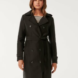 Forever New Women's Alicia Short Hooded Trench Coat in Black, Size 12 Polyester/Cotton/Polyamide