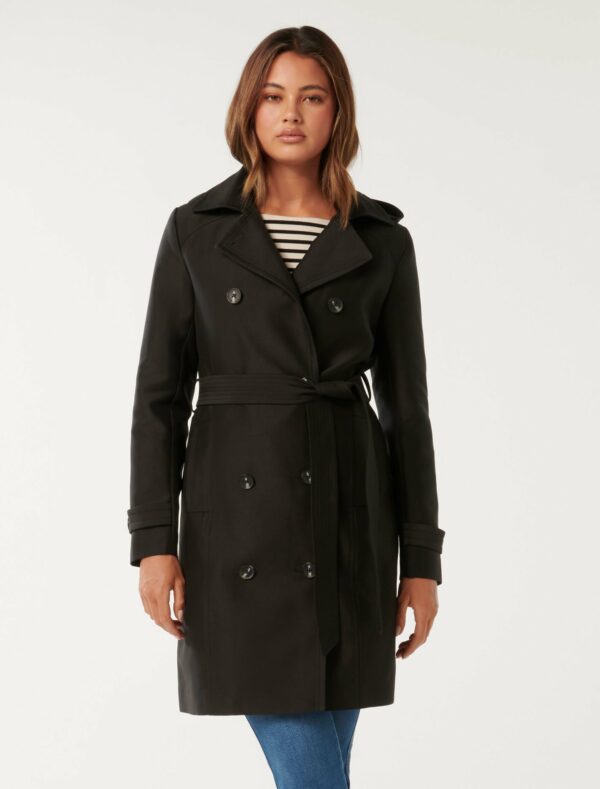 Forever New Women's Alicia Short Hooded Trench Coat in Black, Size 12 Polyester/Cotton/Polyamide