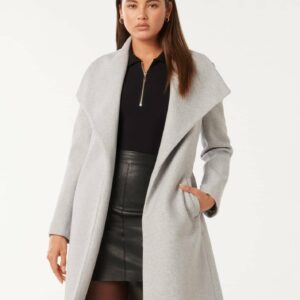 Forever New Women's Annika Shawl Collar Wrap Coat in Light Grey Marle, Size 8 Polyester/Acrylic/Wool