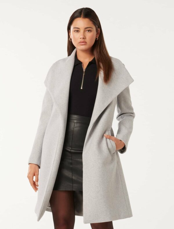 Forever New Women's Annika Shawl Collar Wrap Coat in Light Grey Marle, Size 8 Polyester/Acrylic/Wool