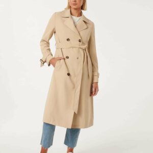 Forever New Women's Darlah Soft Trench Coat in Stone, Size 16 Polyester/Viscose/Elastane