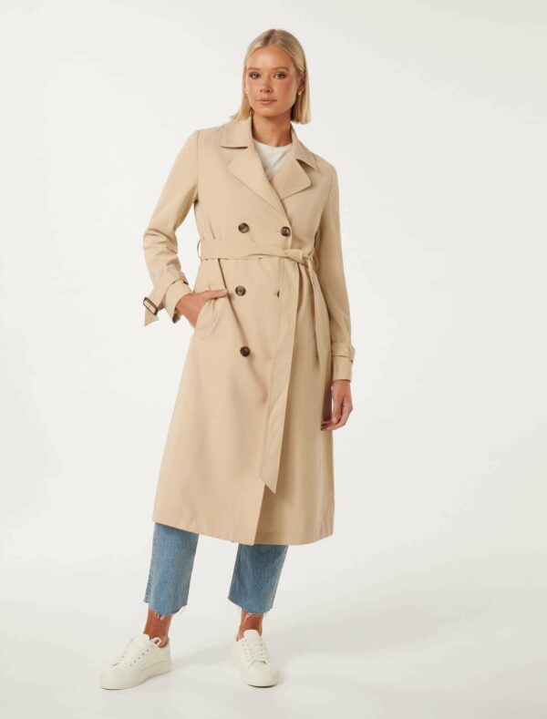 Forever New Women's Darlah Soft Trench Coat in Stone, Size 16 Polyester/Viscose/Elastane