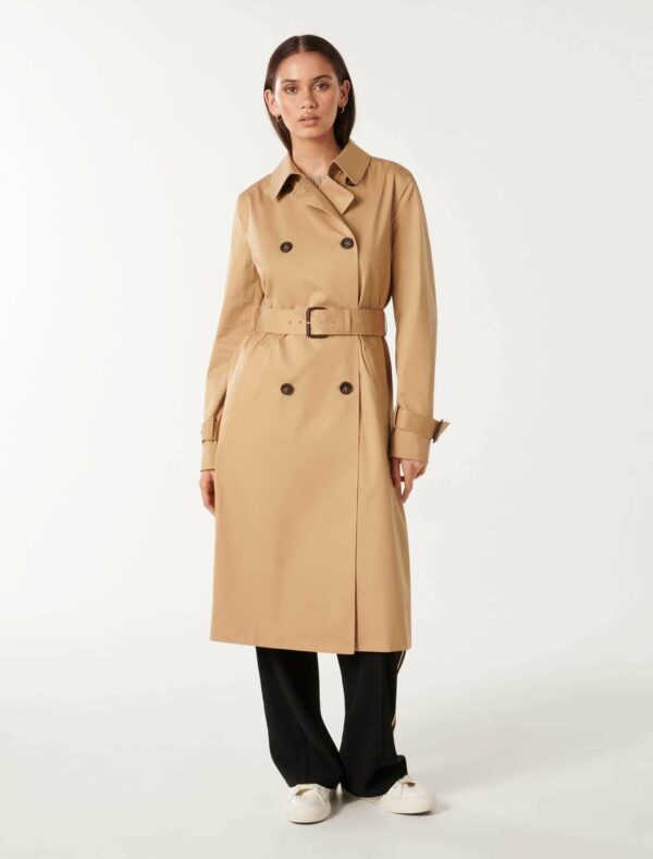 Forever New Women's Jacinta Classic Trench Coat in Camel, Size 6 Polyester/Elastane/Polyester