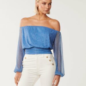 Forever New Women's Keisha Plisse Bardot Top in Blue, Size X-Small Metallised fibres/Polyester