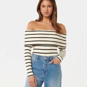 Forever New Women's Louise Bardot Top in Cream/Black Stripe, Size Small Viscose/Polyester/Elastane