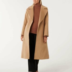 Forever New Women's Priya Wrap Coat in Camel, Size 16 Polyester/Wool/Polyamide