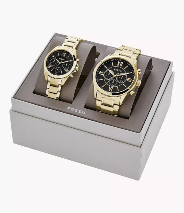 Fossil Outlet His and Her Chronograph Gold-Tone Stainless Steel Watch Gift Set