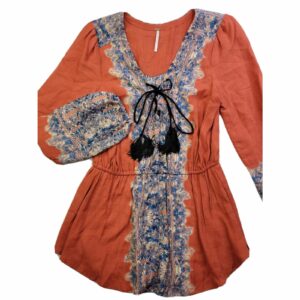 Free People Women's S Burnt Orange Blue Peasant Top Lace Up Cinch Waist Boho in White (Size Small)