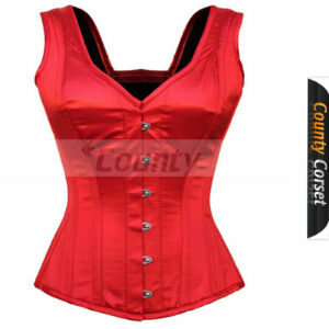 Full Steel Boned Spiral Over bust Strap Halter Bustier Gothic Red Satin Corset