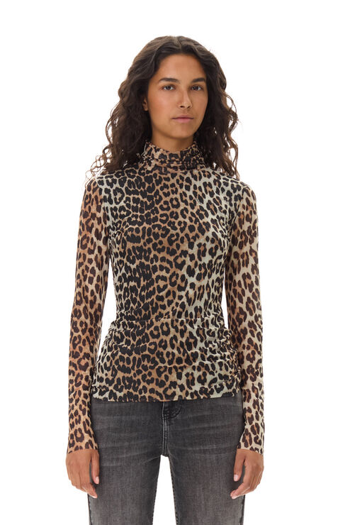 GANNI Leopard Printed Mesh Long Sleeve Rollneck Top Size Large Women's