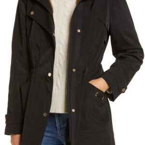 Gallery Cinched Waist Hooded Water Resistant Raincoat in Black at Nordstrom, Size Large