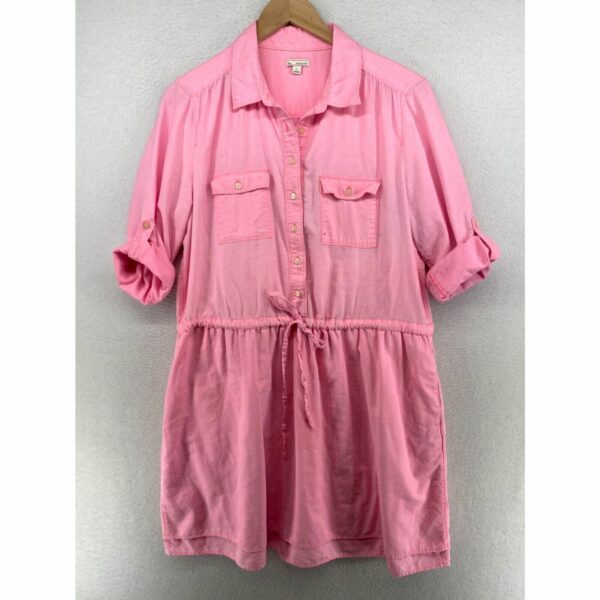 Gap Shirtdress Womens L Oxford Popover Roll Tab Sleeve Cinched Waist Cotton Pink in White (Size Large)