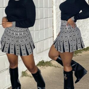 Geometric Print Long Sleeve Top & Pleated Skirt Set