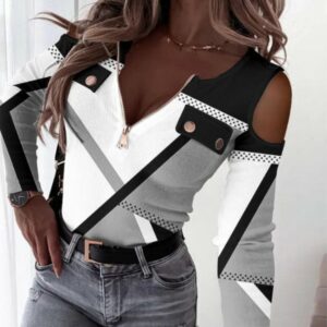 Geometric Print Zip Front Cold Shoulder Ribbed Top