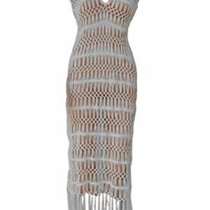 Women's Tassel Crochet Stylish Swimsuit Knit Bikini Cover Up Beach Dress (White,