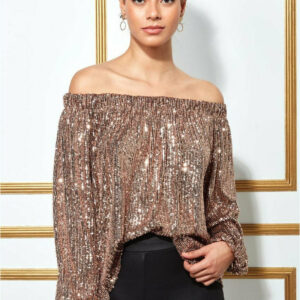 Goddiva Bardot Sequin Crop Top With Cuffed Sleeves-champagne