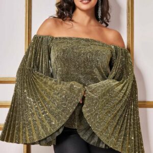 Goddiva Sequin Lurex Bardot Pleated Sleeve Top - Gold