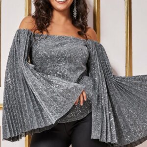 Goddiva Sequin Lurex Bardot Pleated Sleeve Top - Silver