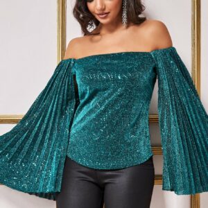 Goddiva Sequin Lurex Bardot Pleated Sleeve Top - Teal Blue