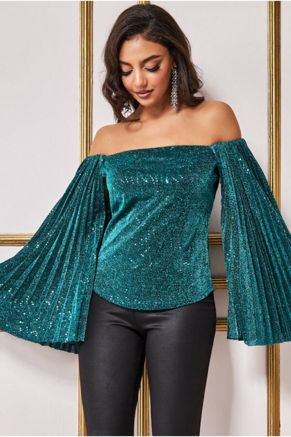 Goddiva Sequin Lurex Bardot Pleated Sleeve Top - Teal Blue