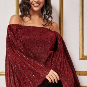 Goddiva Sequin Lurex Bardot Pleated Sleeve Top - Wine