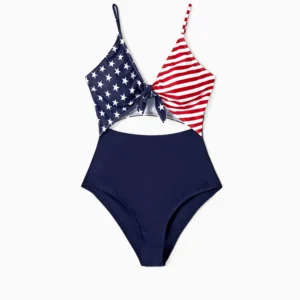 Independence Day Family Matching Star & Striped Spliced Knot Front Cut Out One-piece Swimsuit or Swim Trunks Shorts