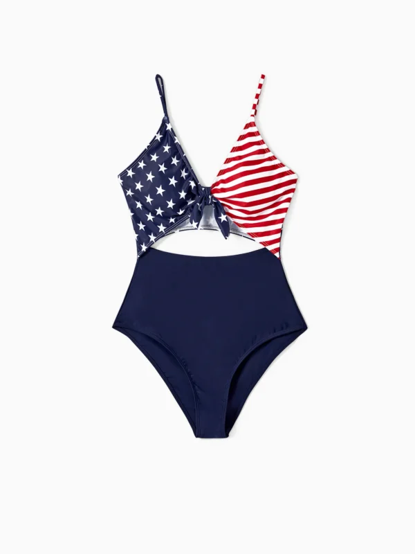 Independence Day Family Matching Star & Striped Spliced Knot Front Cut Out One-piece Swimsuit or Swim Trunks Shorts