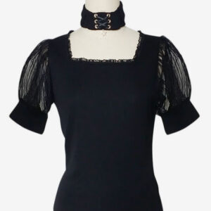 Gothic Lolita Blouse Square Neck Short Sleeve Pleated Black Lolita Top