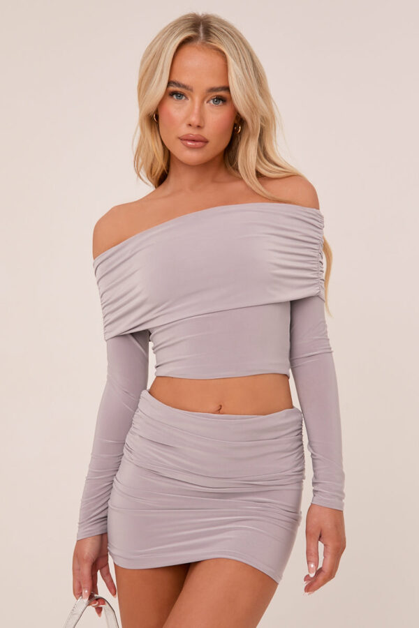 Grey Bardot Cropped Top & Mini Skirt Co-ord Set - Ariel - Size 12