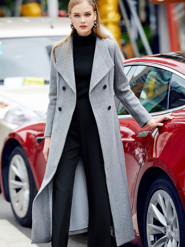 Grey Pea Coat Long Sleeve Turndown Collar Shaping Women Wool Coats