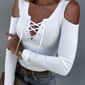 Grommet Eyelet Lace-Up Cold Shoulder Ribbed Top