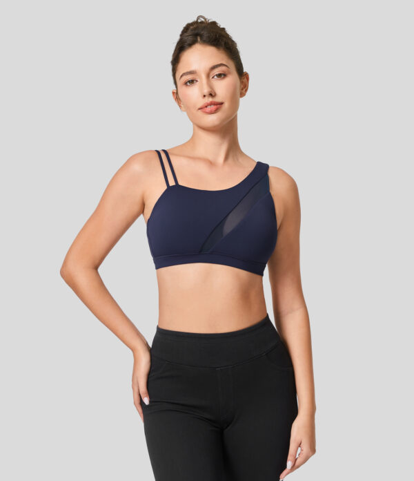 Halara Softlyzero™ Low Support Asymmetric Strap Contrast Mesh Backless Yoga Sports Bra-UPF50+ - Peacoat - S push up bra strapless bra