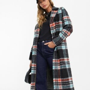 Helene Berman check print wool blend duster coat in multi